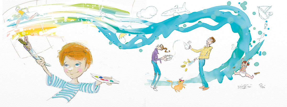 Une enfant peint son univers et éblouit sa famille. Aquarelle numérique réalisée sous ProCreate pour iPad puis ArtRage pour Mac